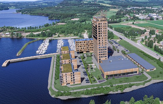 Illustrasjon av Mjøskanten, med Mjøstårnet, Skibladnerbrygga, det nye næringsbygget og leilighetsbyggene.